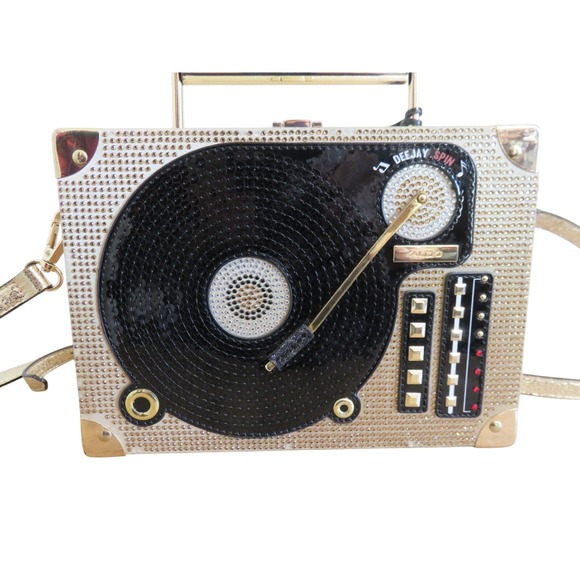 ALDO‎ DJ Razzle Record Player Crossbody Bag Gold Novelty Box Purse - Picture 7 of 10